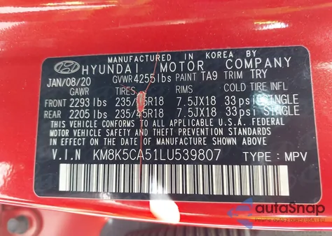 2020 Hyundai Kona Ultimate from USA, damaged, VIN KM8K5CA51LU539807